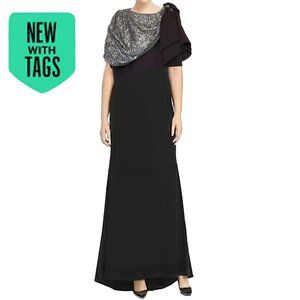 Adrianne Papel Black Crepe Gown with Sequined Drape